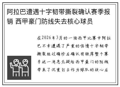 阿拉巴遭遇十字韧带撕裂确认赛季报销 西甲豪门防线失去核心球员 阿拉巴遭遇十字韧带撕裂确认赛季报销 西甲豪门防线失去核心球员