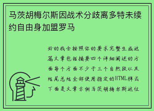 马茨胡梅尔斯因战术分歧离多特未续约自由身加盟罗马