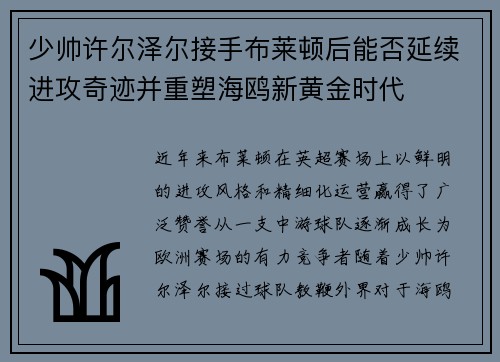 少帅许尔泽尔接手布莱顿后能否延续进攻奇迹并重塑海鸥新黄金时代