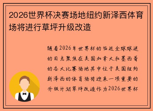 2026世界杯决赛场地纽约新泽西体育场将进行草坪升级改造